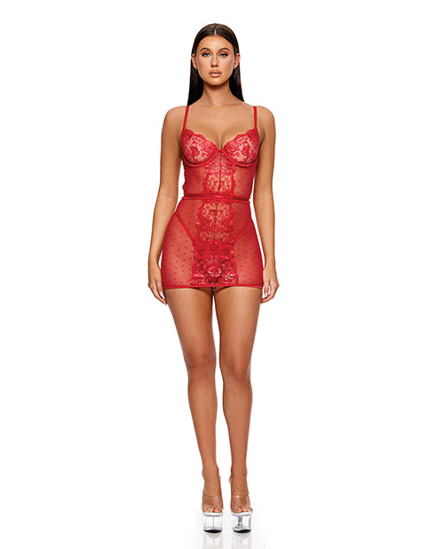 La Vie En Rose Metallic Embroidered Chemise, Panty & Belt 3 pc Set - Red SM
