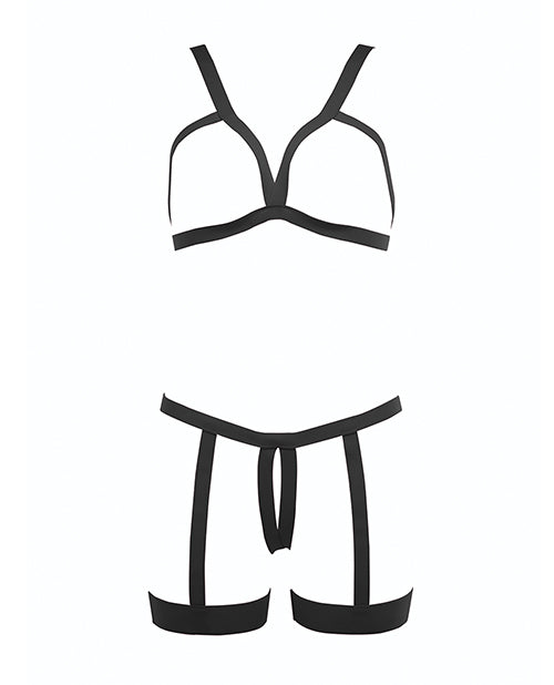 Kitten Teaser Strappy Open Cup Bra &amp; Open Panty w/Leg Straps Black O/S