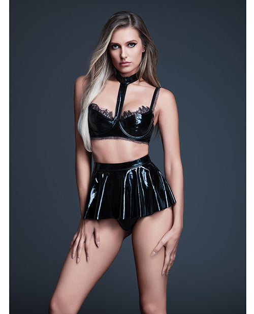 Allure Naughty Nights Latex Look Vinyl and Lace Choker Bra &amp; Mini Skirt 2 pc Set - Black XL