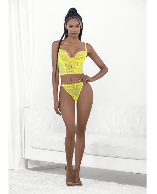 Neon Lace Corset Top w/Ring Accent &amp; Panty Neon Lime XL