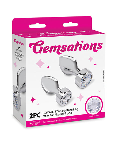 Gemsations 2 pc 3.25" &amp; 3.7" Tapered Bling Bling Metal Butt Plug Training Set - Silver