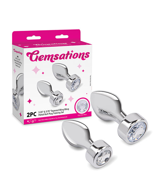 Gemsations 2 pc 3.25" &amp; 3.7" Tapered Bling Bling Metal Butt Plug Training Set - Silver