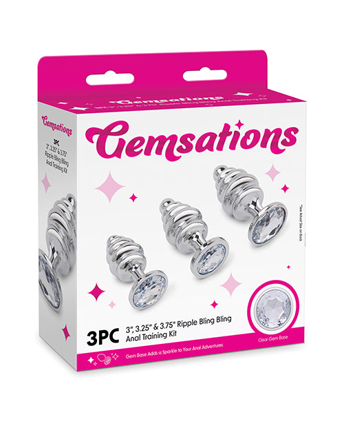 Gemsations 3 pc 2.95" &amp; 3.25" &amp; 3.7" Ripple Bling Bling Metal Butt Plug Training Set - Silver