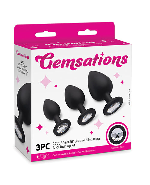 Gemsations 3 pc 2.75" &amp; 3.15" &amp; 3.7" Silicone Bling Bling Butt Plug Training Set - Black