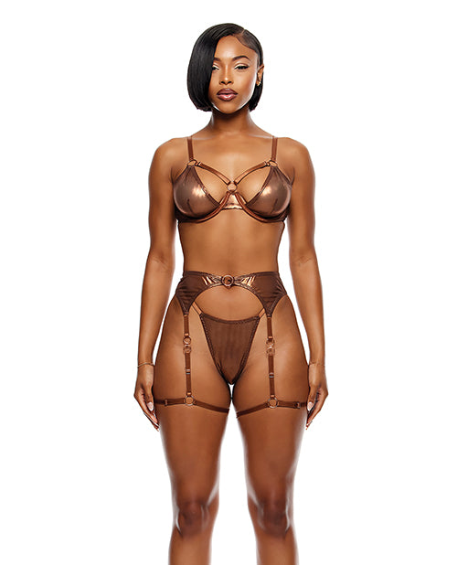 Liquid Metal Metallic Mesh Underwire Bra w/Garter Belt &amp; G-String 3 pc Set - Metallic Copper XL