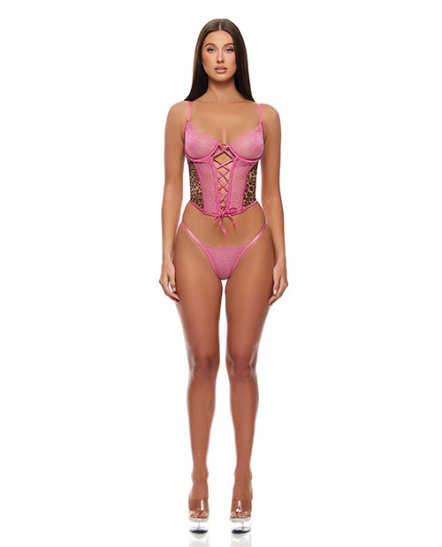Animal Instincts Mesh Bustier &amp; Panty 2 pc Set - Pink Leopard SM