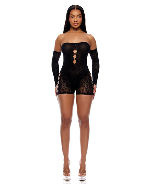 Cross Your Mind Romper Bodystocking w/Rhinestone Details &amp; Gloves 2 pc Set - Black O/S