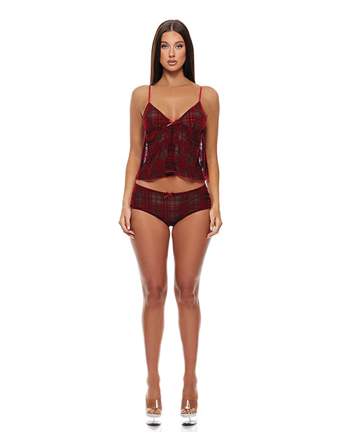 Velvet Lines Mesh Cami &amp; Boy Short 2 pc Set - Red/Black LG