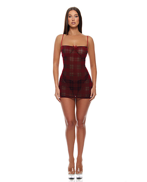 Velvet Lines Mesh Chemise &amp; Thong 2 pc Set - Red/Black LG