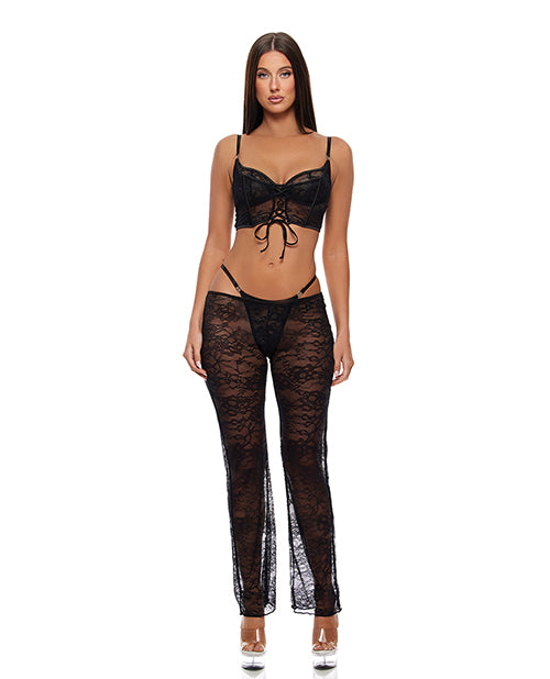 Layer of Seduction Lace Bra, Thong, &amp; Pants 3 pc Set - Black XL