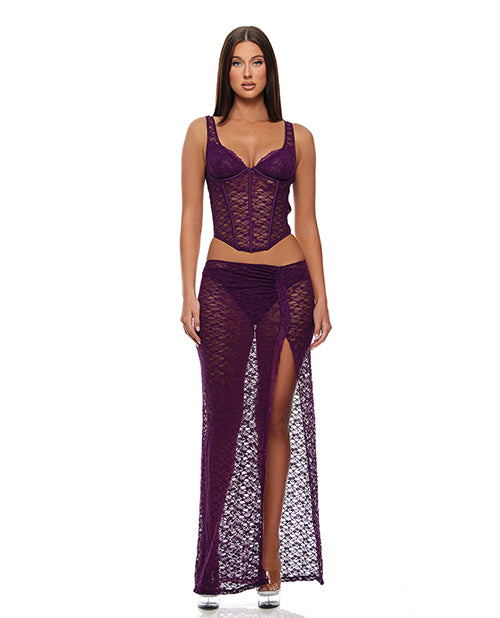 Feel Me Lace Bustier, Panty, &amp; Skirt 3 pc set - Purple SM