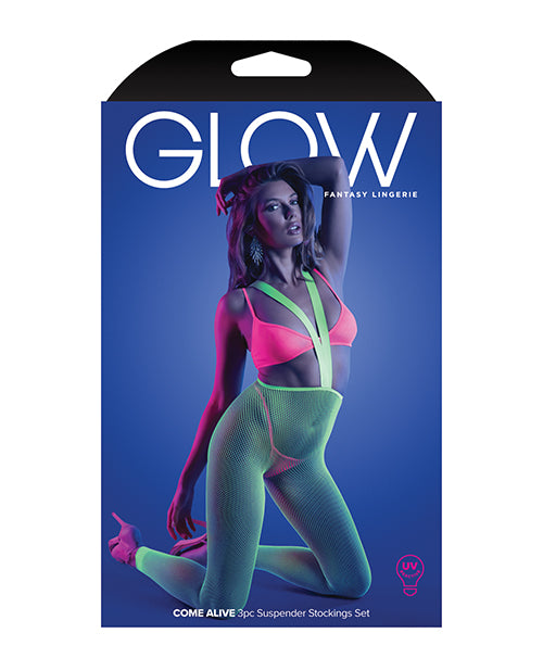 Glow Come Alive Suspender Stockings, Bralette &amp; G-String Multi Color O/S
