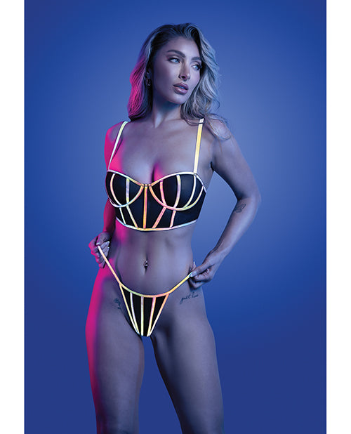 Solar Flare Flash Reflective Binding Underwire Bra &amp; Thong - Black S/M