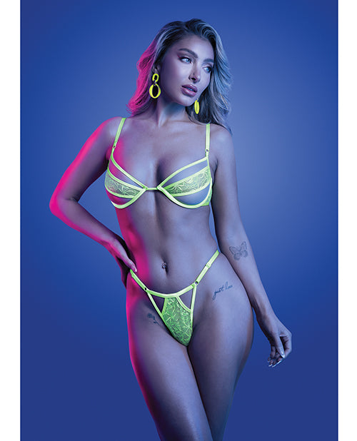 Mind Control UV Reactive Lace and Mesh Underwire Bra &amp; Thong - Neon Green M/L