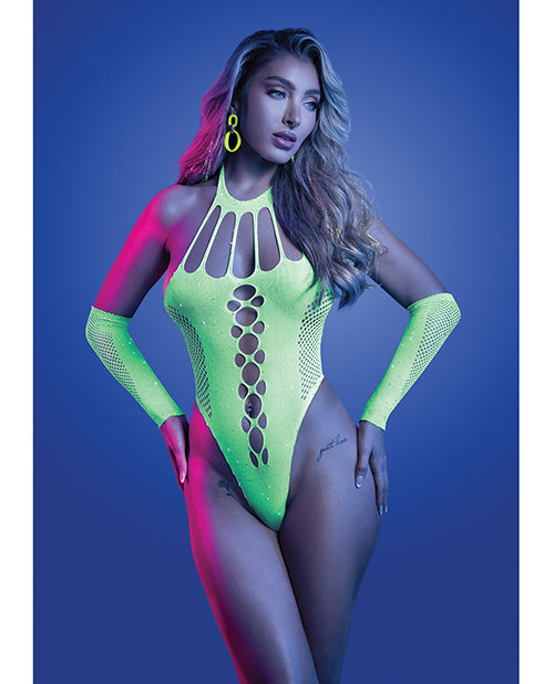 Pressure Point UV Reactive Rhinestone Studded Teddy &amp; Gloves/Leg Warmers 2 pc Set - Neon Green O/S