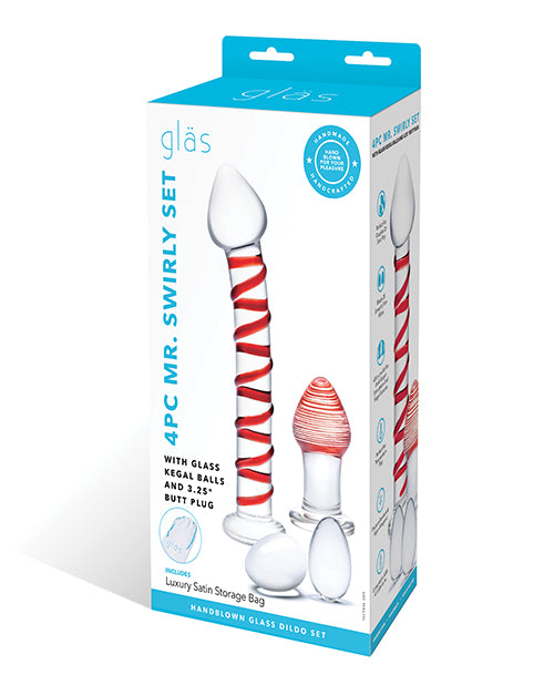 Glas 4 pc Mr. Swirly Set w/Glass Kegel Balls &amp; 3.25" Butt Plug - Red