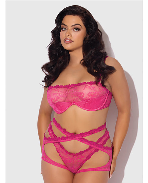 Yvone Lace Bra w/Removable Straps, Garter &amp; Tanga Panty 3 pc Set - Pink 1X/2X