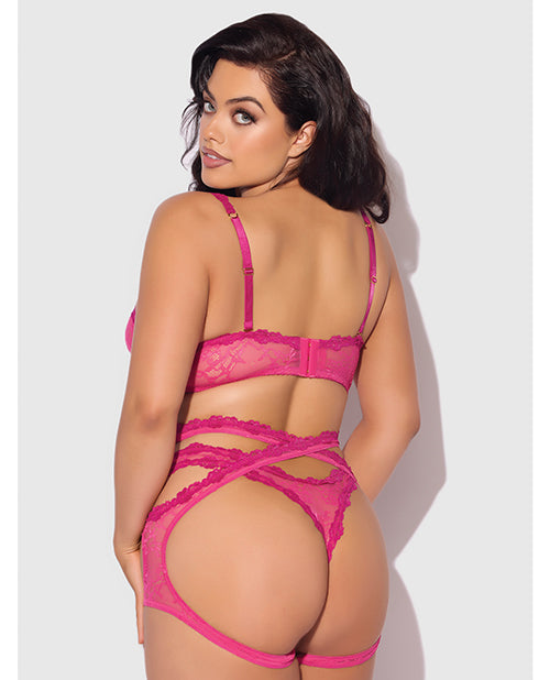 Yvone Lace Bra w/Removable Straps, Garter &amp; Tanga Panty 3 pc Set - Pink 3X/4X