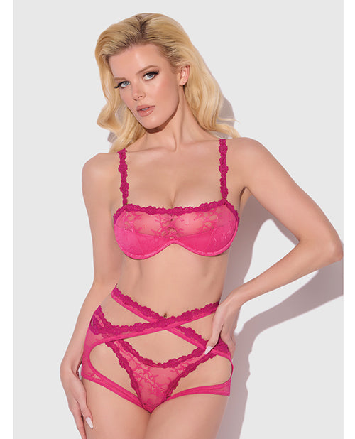 Yvone Lace Bra w/Removable Straps, Garter &amp; Tanga Panty 3 pc Set - Pink MD