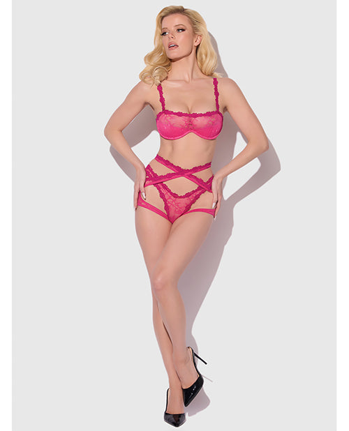 Yvone Lace Bra w/Removable Straps, Garter &amp; Tanga Panty 3 pc Set - Pink SM