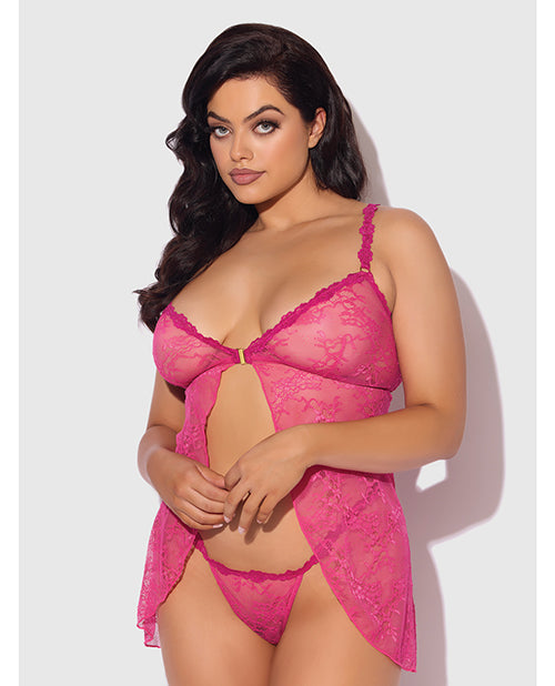 Yvone Lace Babydoll w/Front Closure &amp; G-String 2 pc Set - Pink 1X/2X