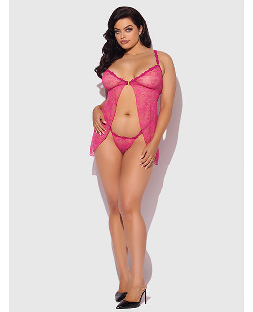 Yvone Lace Babydoll w/Front Closure &amp; G-String 2 pc Set - Pink 1X/2X