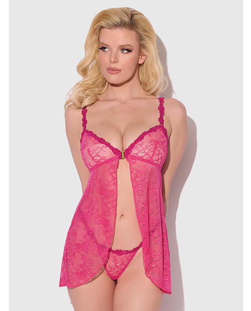 Yvone Lace Babydoll w/Front Closure &amp; G-String 2 pc Set - Pink MD