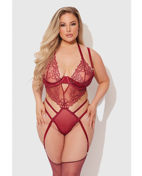 Eden Embroidered Lace &amp; Mesh Teddy w/Garters - Dark Red 3X/4X