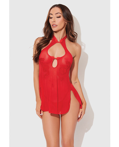 Dragon Mesh &amp; Applique Chemise w/G-String 2 pc Set - Red MD