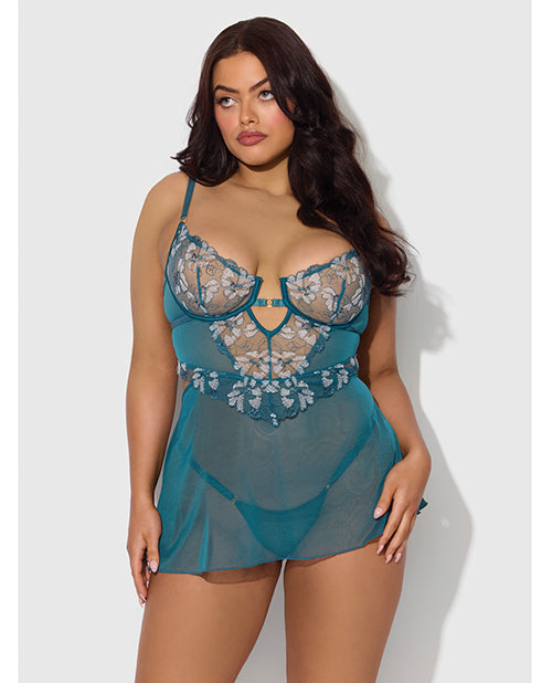 Nova Lace &amp; Mesh Babydoll w/G-String 2 pc Set - Jade Blue 1X/2X