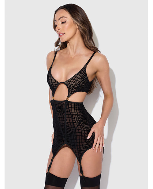 Snake Velvet-Burnout Mesh Chemise &amp; G-String Set - Black LG