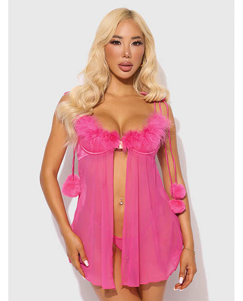 Marilyn Marabou &amp; Mesh Babydoll &amp; G-String Set - Pink LG