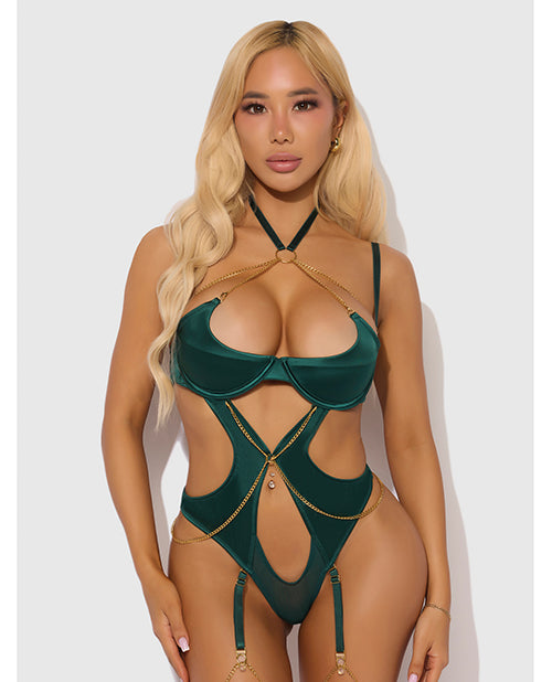 Evangeline Satin &amp; Chain Halter Teddy - Green XL