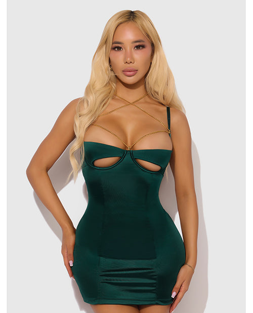 Evangeline Satin &amp; Chain Open Cup &amp; Back Chemise &amp; G-String Set - Green 3X/4X