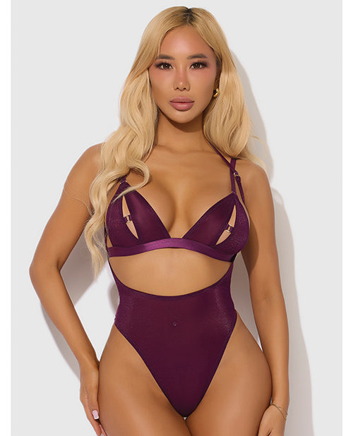 Yasmine Shimmer Mesh Slit Cup, Backless Teddy &amp; Bralette Set - Burgundy SM