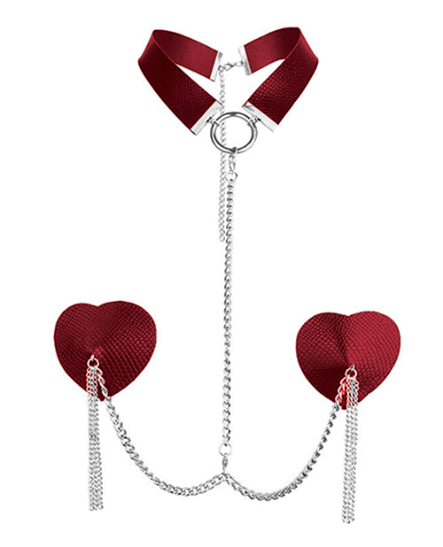 Nipplicious Dominatrix Leather Collar &amp; Pasties w/Chain - Red