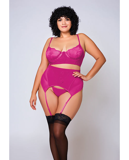 Soft Lace Bra, High Waist Satin &amp; Mesh Garterbelt &amp; G-String Fuchsia 1X