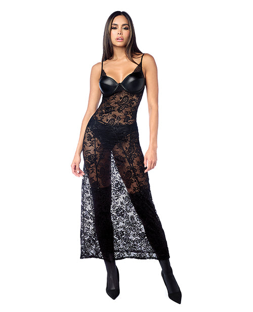 Lace Underwire Long Gown w/Panty &amp; Garter Belt 2 pc Set (Stockings not Included) - Black S/M