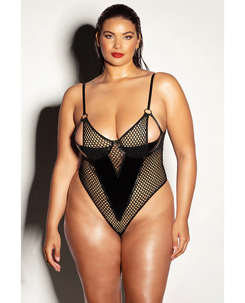 FETISH Frisky Fishnet &amp; Vinyl Shelf Cup Peek A Boo Teddy Black 2X
