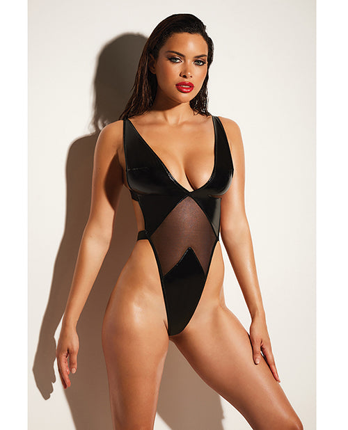 FETISH Limitless Soft Cup High Leg Vinyl &amp; Mesh Teddy Black S/M