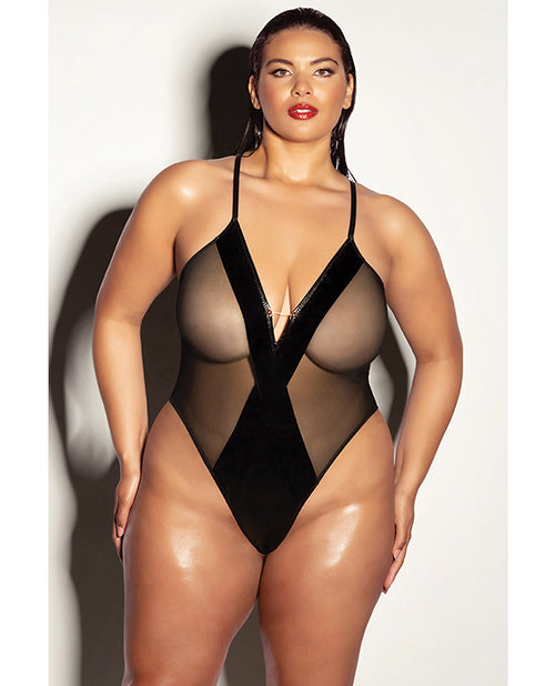 FETISH Finesse Soft Cup Vinyl &amp; Mesh Teddy w/Barbell Black 1X/2X