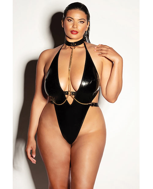 FETISH Submissive V-Plunge Vinyl Teddy w/Removable Chain Harness &amp; Hand Cuff Black 1X/2X