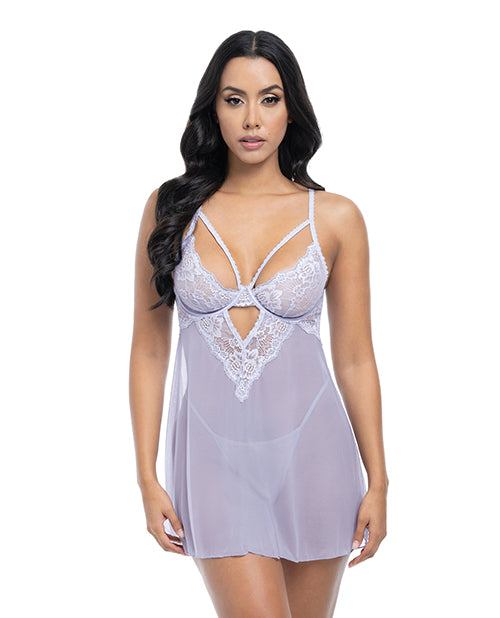 Elsie Lace &amp; Mesh Underwire Babydoll w/G-String 2 pc Set - Brunnera Blue L/XL