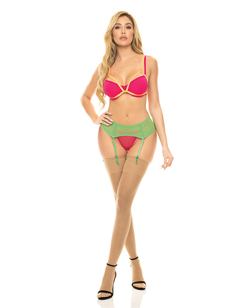 Pink Lipstick Come to Me Bra, Garter Belt &amp; G-String Neon M/L