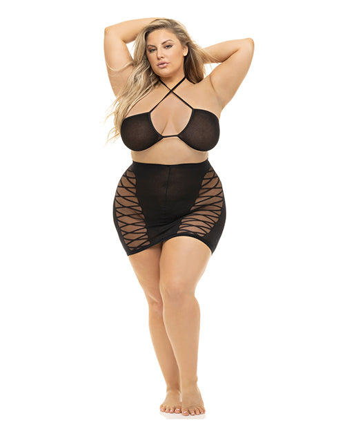 Pink Lipstick Hold On Tight Halter Bra &amp; Skirt Black QN
