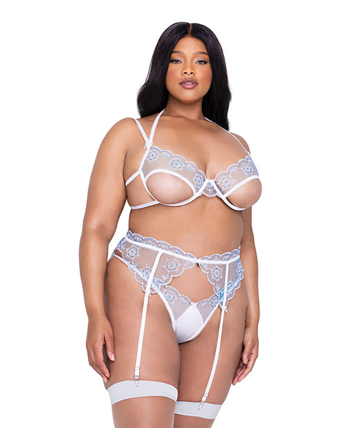 Holiday Snow Queen Metallic Snowflake Embroidered Bra &amp; High Waisted Thong Blue/White 2X