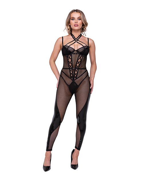 Flirty Fetish Fishnet &amp; Faux Leather Catsuit w/Satin Trim Black SM