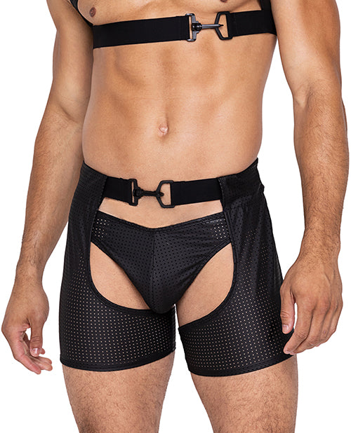 Master Chaps w/Hook &amp; Ring Closure &amp; Rear Cut Out (Thong Not Included) - Black XL