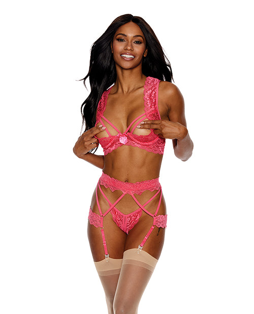 Lace Underwire Peek a Boo Bra, Garterbelt &amp; G-String Coral XXL