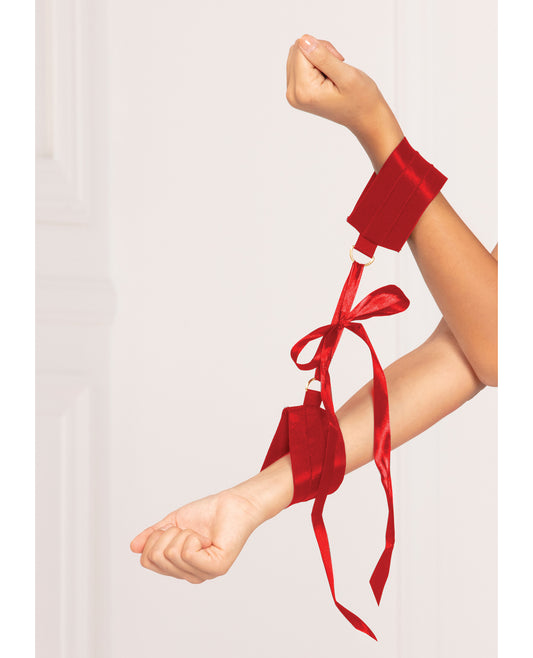 Satin Elastic Cuffs D-Ring &amp; Satin Ribbon Tie Red O/S